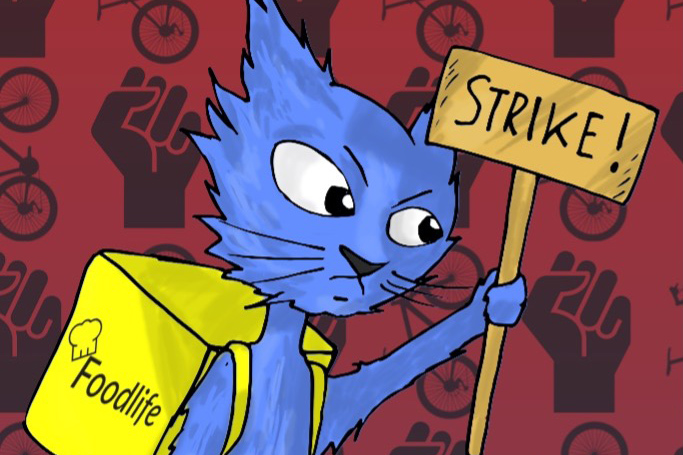 Blaue Katze vor rotem Hintergrund trägt einen gelben Foodlife Rucksack und hält ein Holzschild in der Hand mit der Beschriftung "STRIKE!"